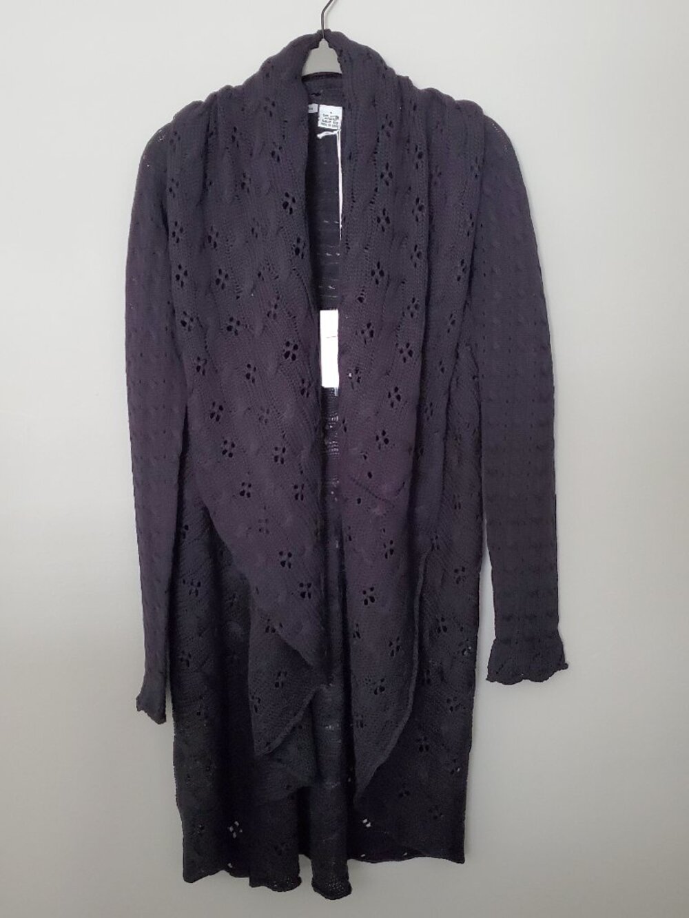NEW Cotton by Autumn Cashmere Pointelle Drape Cardigan Black Small